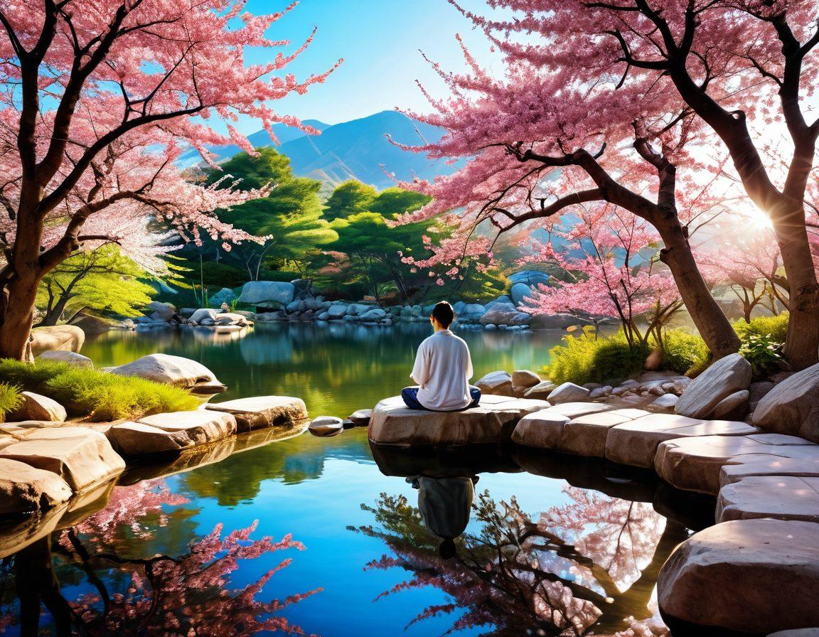 A serene landscape depicting a peaceful Korean garden, with cherry blossom trees in full bloom, a tranquil pond reflecting the sky, and a person meditating on a rock. Soft rays of sunlight breaking through the trees, symbolizing emotional wellness and happiness. Add elements like a small book on a bench about happiness science and Korean well-being. vibrant colors. super-realistic.
