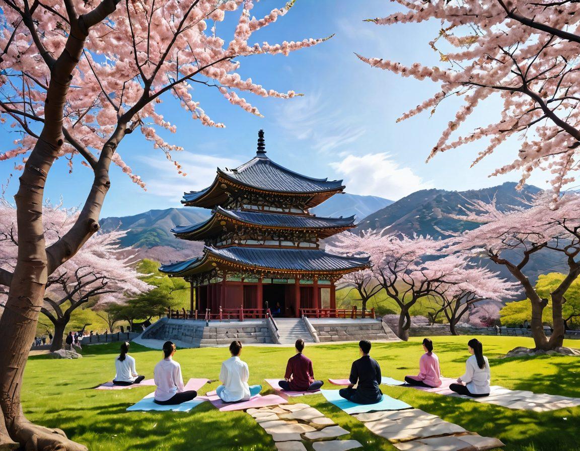 A serene landscape blending traditional Korean elements, featuring a tranquil temple surrounded by cherry blossom trees. In the foreground, a diverse group of people engaging in mindfulness practices, such as meditation and yoga, radiating joy and positivity. Soft pastel colors enhance the atmosphere, with hints of natural beauty symbolizing mental wellness. The sky is bright and inviting, suggesting hope and happiness. super-realistic. vibrant colors. 3D.