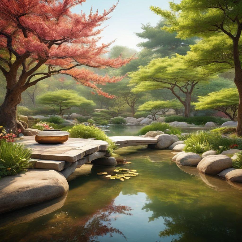 A serene scene depicting a tranquil Korean garden with a peaceful pond, lush greenery, and a traditional tea ceremony taking place. Include elements symbolizing happiness, such as blooming flowers and gentle sunlight filtering through the trees. The image should evoke feelings of calmness and well-being. vibrant colors. 3D.